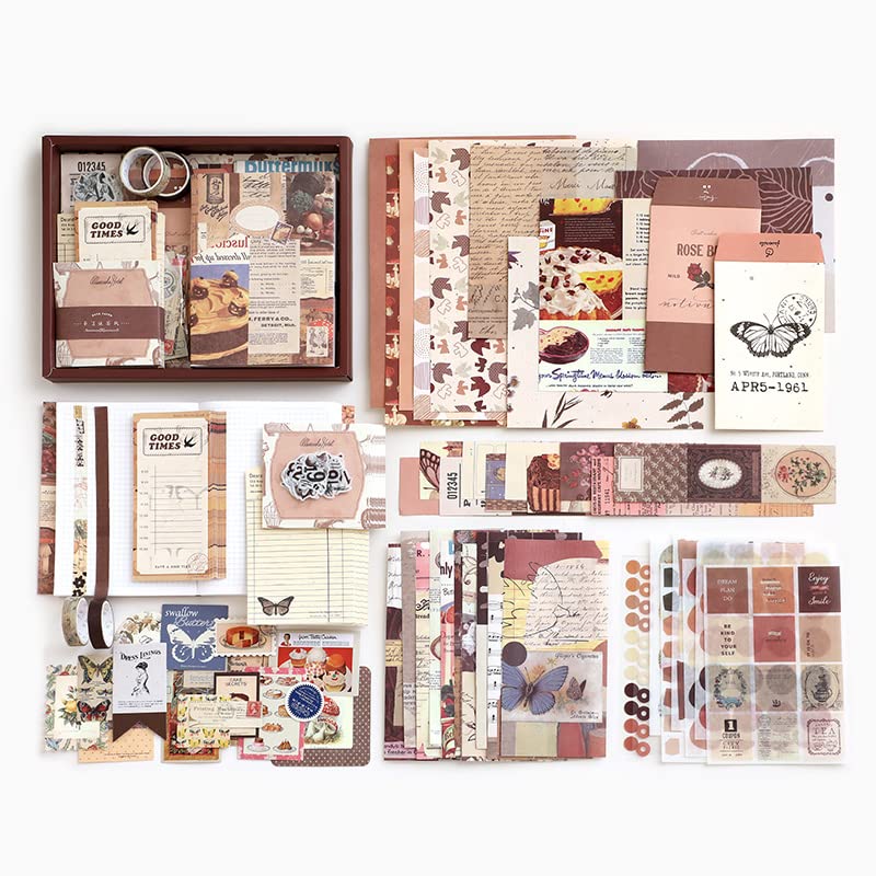Lightheart Design Retro Vintage Diary A6 Scrapbook Set: Brown Checkered Notebook with 155-Piece Journal Accessories, Scrapbook Stickers Accessories Set, DIY Gift Set for Girls