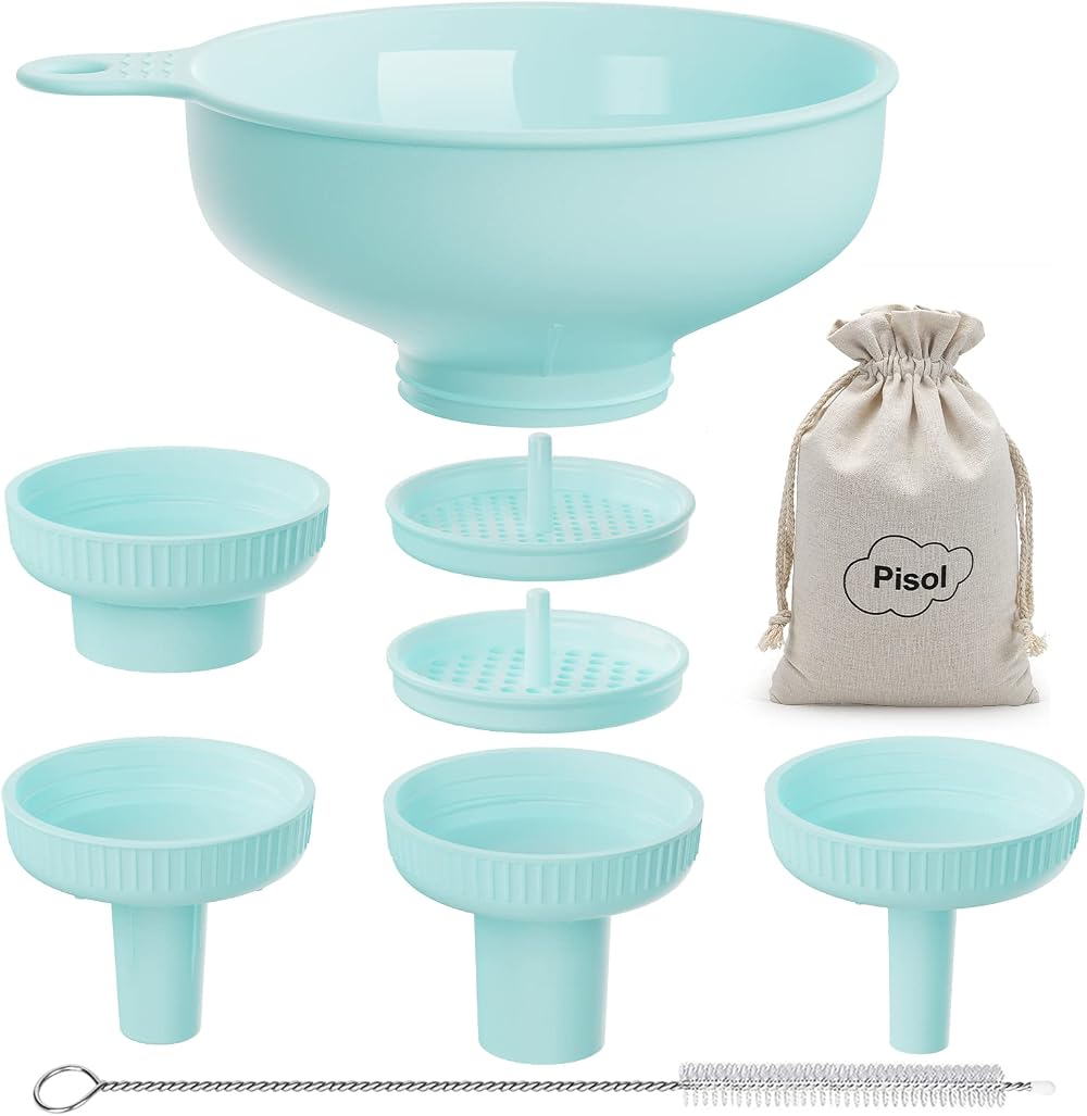 Pisol Wide Mouth Funnel Set with 5 Spouts & 2 Strainers Teal Kitchen Funnel