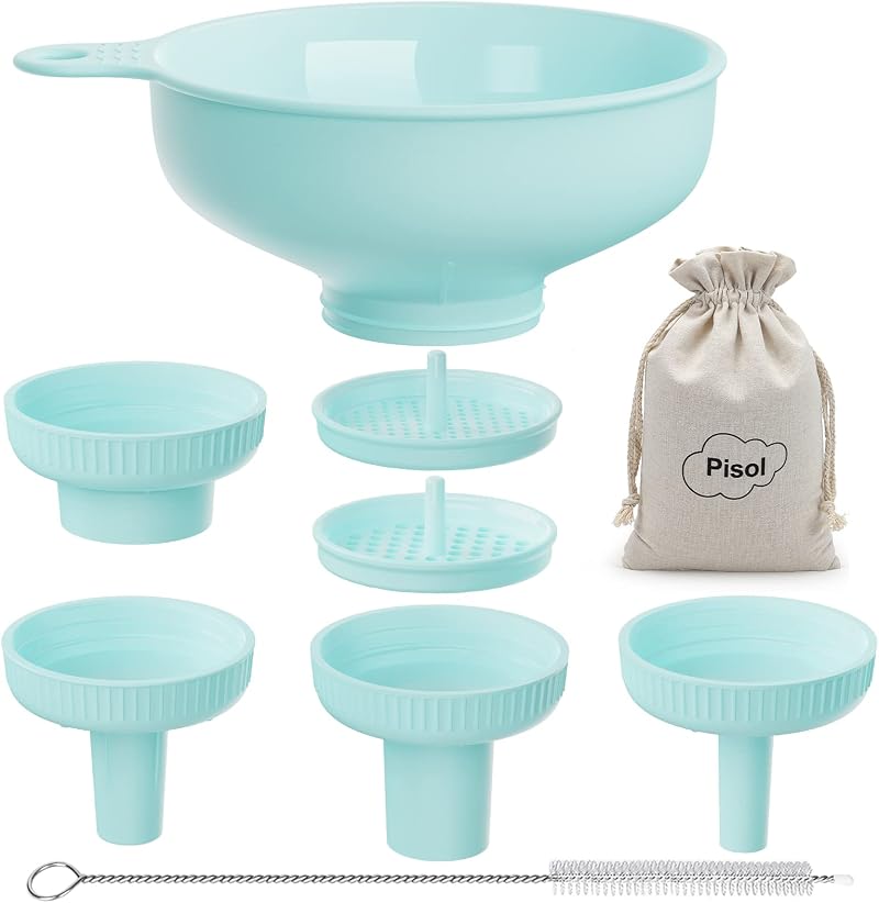 Pisol Wide Mouth Funnel Set with 5 Spouts & 2 Strainers Teal Kitchen Funnel