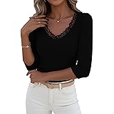 LUXVEER 3/4 Length Sleeve Womens Tops Lace Sexy V Neck Ribbed Knit Fitted T Shirts Dressy Casual Blouses Going Out Tops