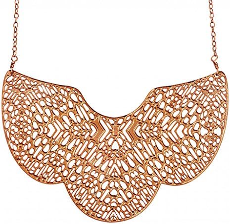 Rose Gold Plated Bib Statement Necklace for Women Cut Out Crochet Pendant, 15" +1.6" Extension