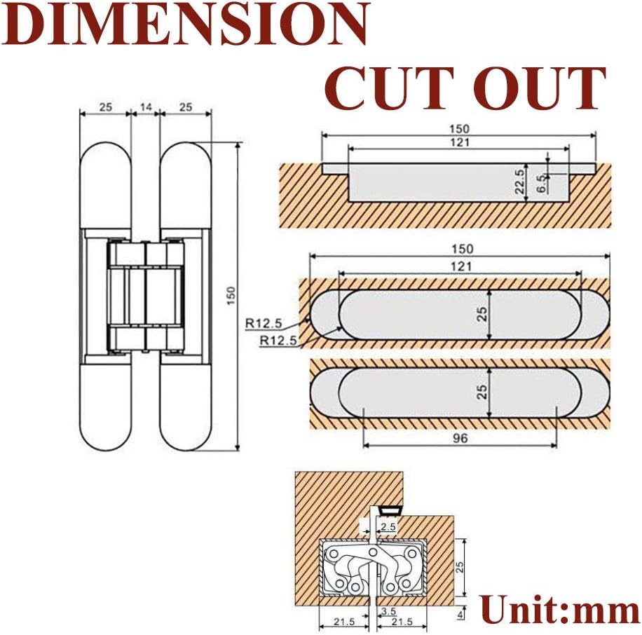 TamBee Hidden Door Hinges Invisible Hinges Concealed Hinges Zinc Alloy 180 Degree Swing Hinge 3 Way Adjustable Butt Hinge 6 x 2.5 x 1 inch Black (2 PCs - Image 3