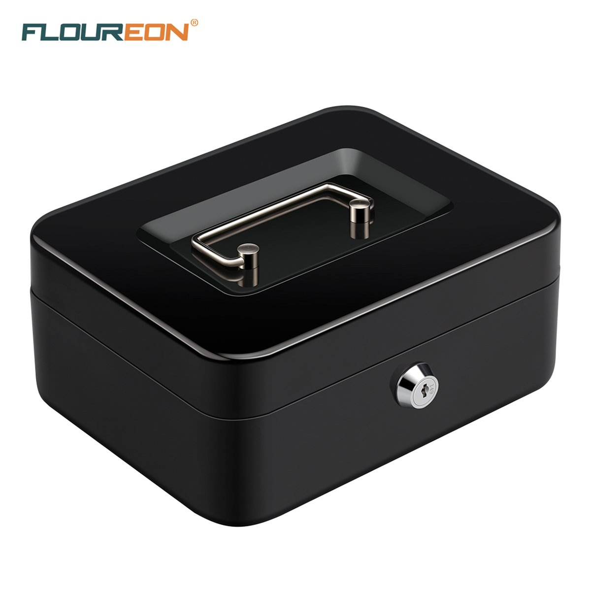 FLOUREON Cash Box Steel Money Case Safe Storage Box with Key Interior Tray Detachable for Home Supermarket Bills Coin Checks Receipt