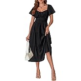 Rooscier Women's Square Neck Wrap Tie Back Ruched Tiered Layered Ruffle Sleeve Long Dress