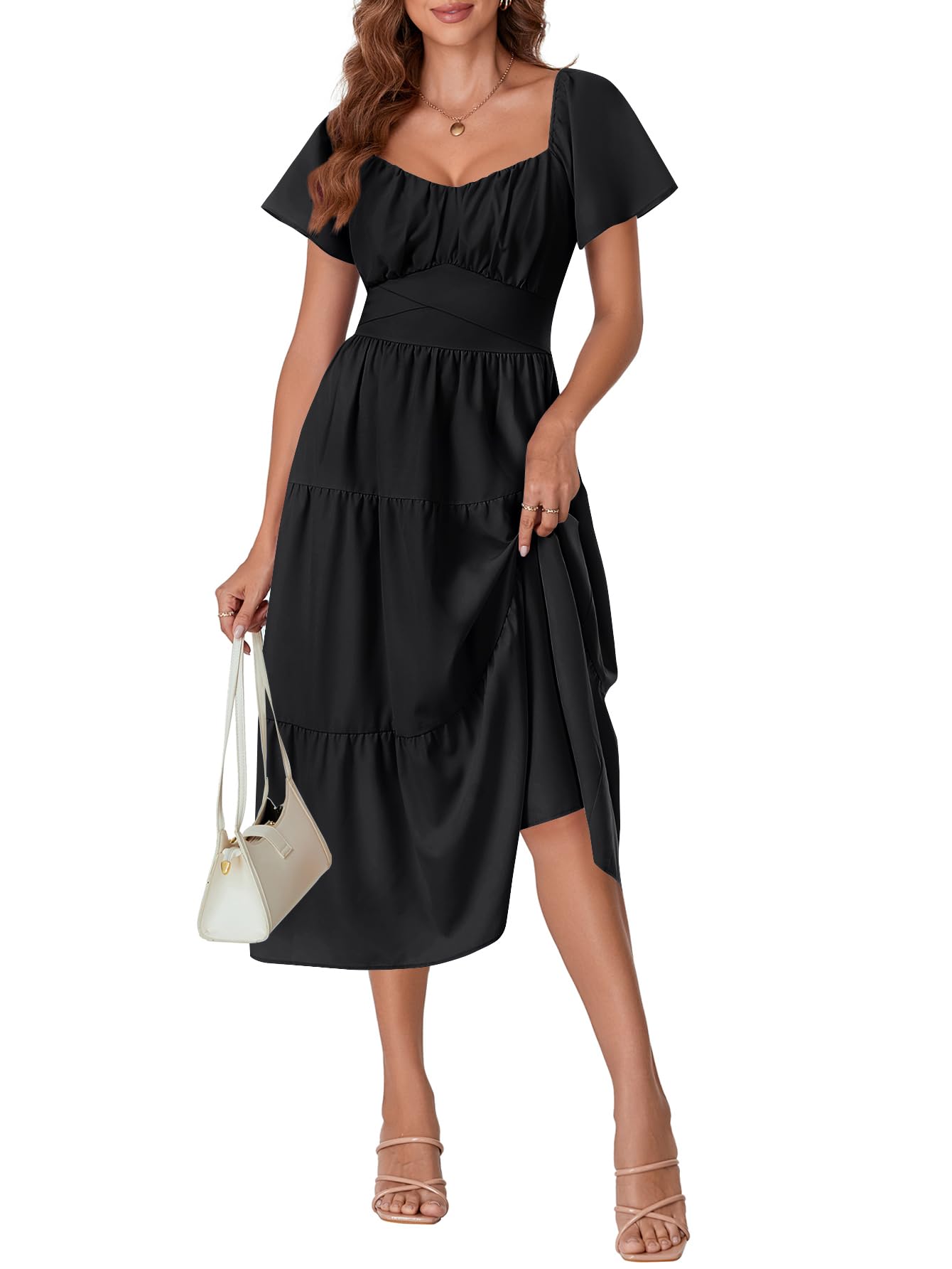 Photo 1 of Rooscier Women's Square Neck Wrap Tie Back Ruched Tiered Layered Ruffle Sleeve Long Dress Black X-Large