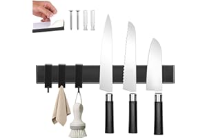 12 Inch Magnetic Knife Holder for Wall with 3 Hooks, No Drilling Magnetic Knife Strip Adhesive Knife Holder Magnet Knife Bar,
