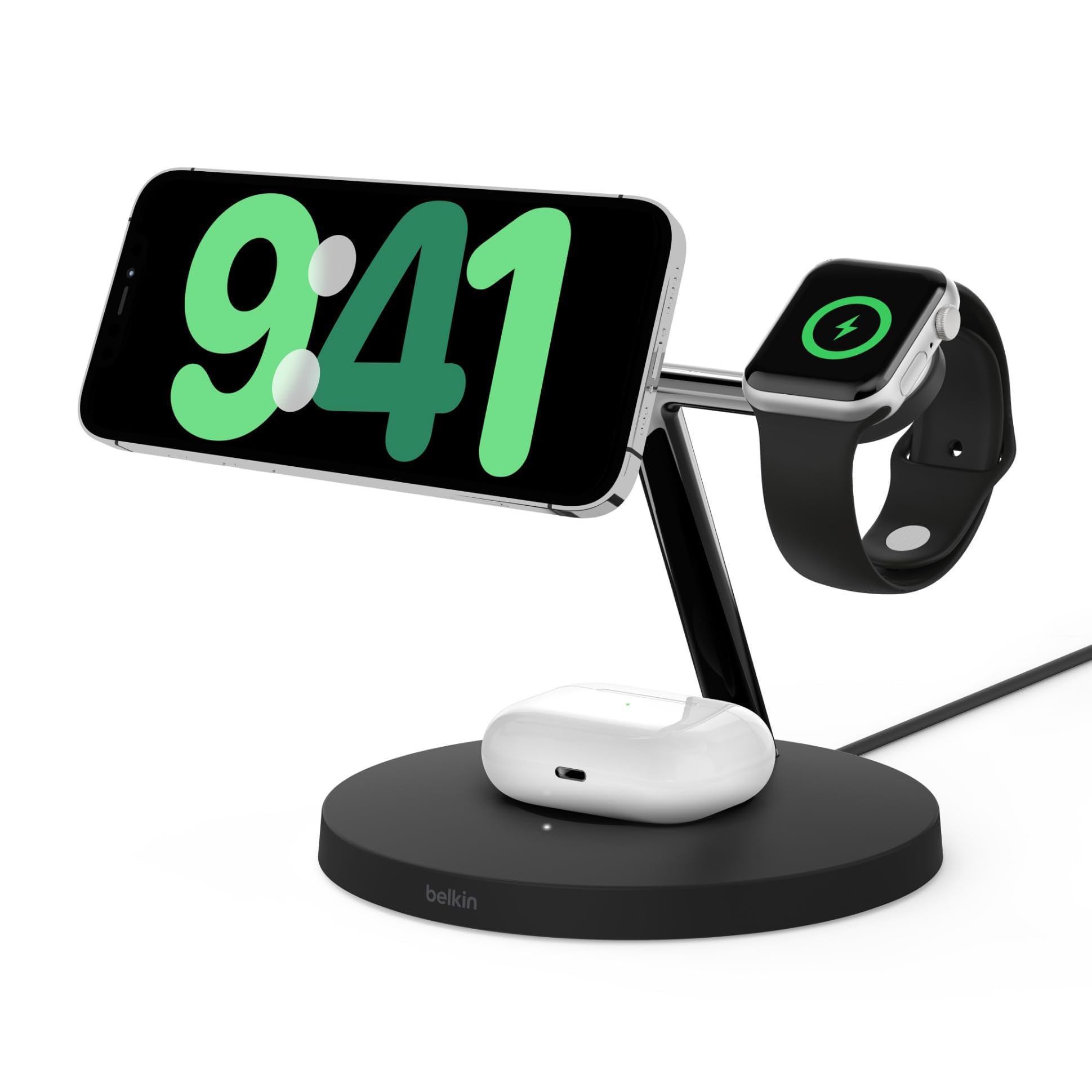 Belkin BoostCharge Pro 3-in-1 Wireless Charger with Qi2 for iPhone 17, Air, 16, 15, 14, 13, 12 + Apple Watch + AirPods + Pixelsnap, 15W MagSafe Compatible Charging Station - Black