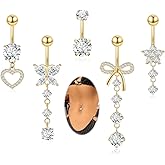 REVOLIA 5Pcs 14G 316L Stainless Steel Dangle Belly Button Rings Heart Flower Dangling Navel Ring Cute Bow Butterfly Belly Ring Sparkling CZ Belly Piercing Jewelry 10MM