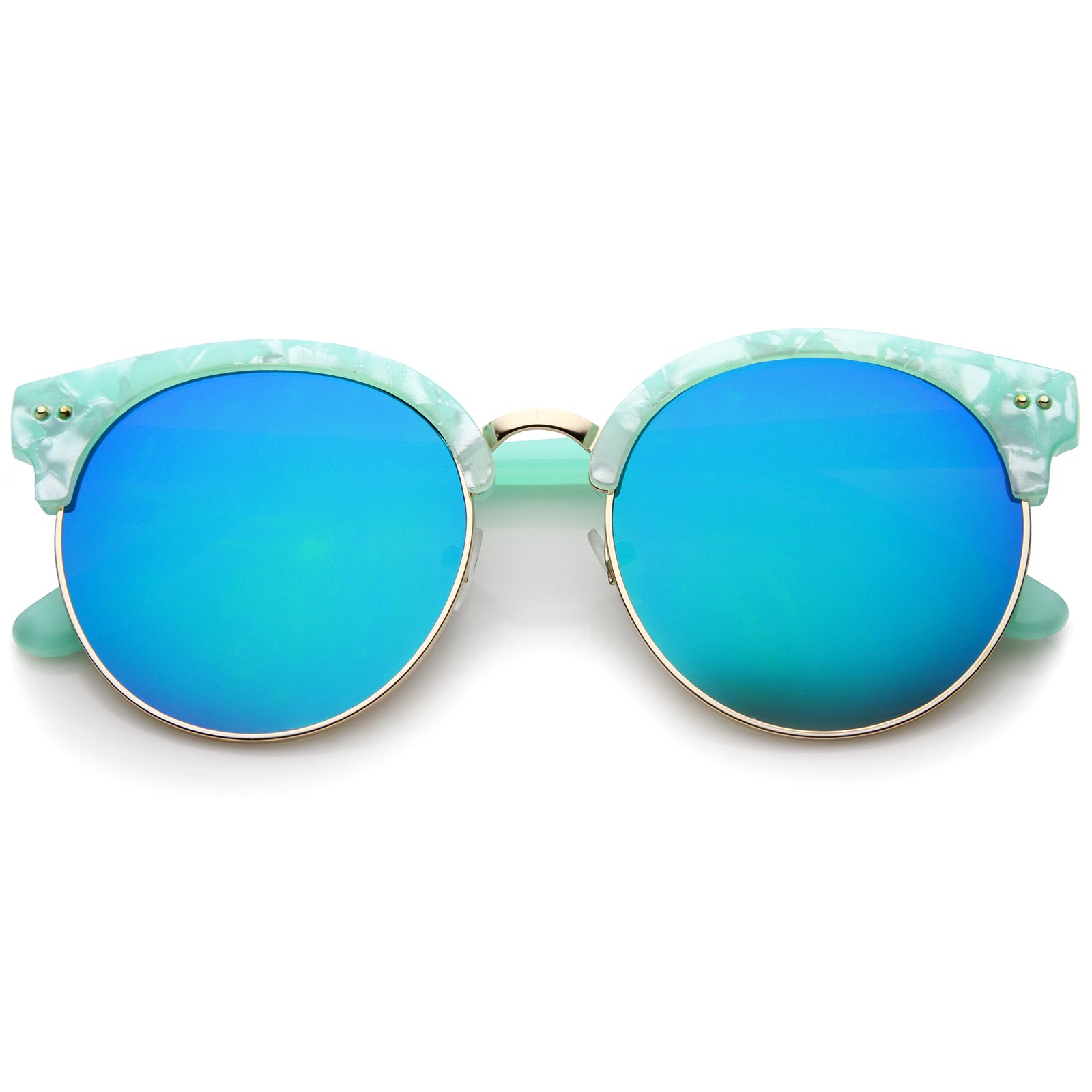 Womens Half-Frame Marble Finish Moon Cut Color Mirrored Lens Round Sunglasses
