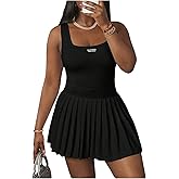 RoseSeek Women's Plus Size Pleated A Line Mini Dresses Letter Square Neck Sleeveless Tennis Tank Dress