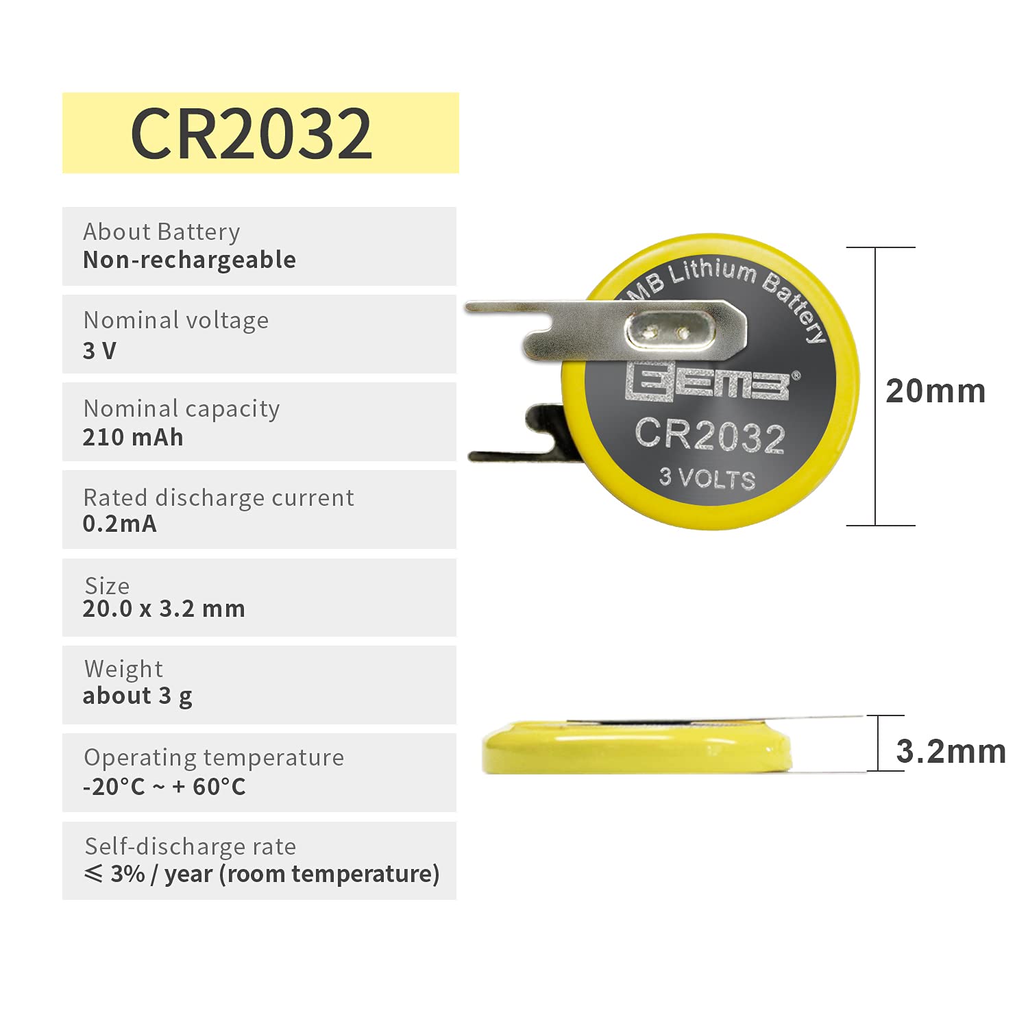 EEMB 10PACK Tabbed CR2032 Battery with Solder Tabs 3V Lithium Battery 2032 Coin Cell Lithium Batteries with PCN Tabs for Sensor Radio Gameboy Battery Replacement