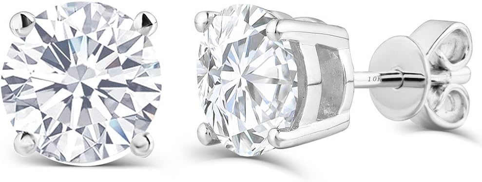 10K White Gold Post 2.5CTW 7mm Moissanite Stud Earrings for Women Platinum Plated Silver Push Back