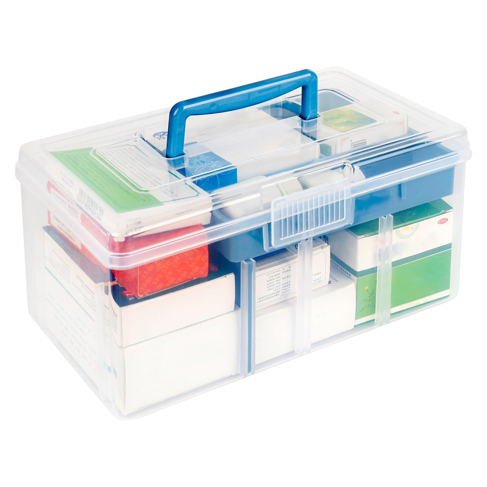 RBDDBR Medicine Storage Box Organiser 2 Layer Empty First Aid Storage Box with Handle and Compartment, Transparent Portable Medical Storage Box with A Sticky Note(Random Style), 29.5x14.5x16.5 cm
