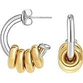 U UWorld 18K Gold Plated Hoop Earrings Stainless Steel Hypoallergenic Earrings Gold and Silver Two Tone Cuff Earring Hanging Round Pendant Statement Earrings for Women