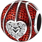 Love Basketball Charm for Bracelet or Necklace for Women by Ginger Lyne | European Style Bead Clear Cubic Zirconia Red Sterling Silver | Athletic Gifts for Her