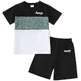 Yoxindax Toddler Kid Boy Clothes Colorblock Letter Graphic Tee Shorts 2PC Summer Outfit Set