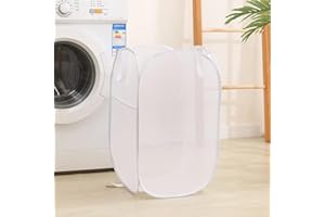 DAWNTREES Pop Up Laundry Hamper Basket,Large Collapsible Mesh Storage Basket with Side Pocket,Applicable to Laundry Room, Bathroom,Dorm,Travel Carrying (White Vertical))