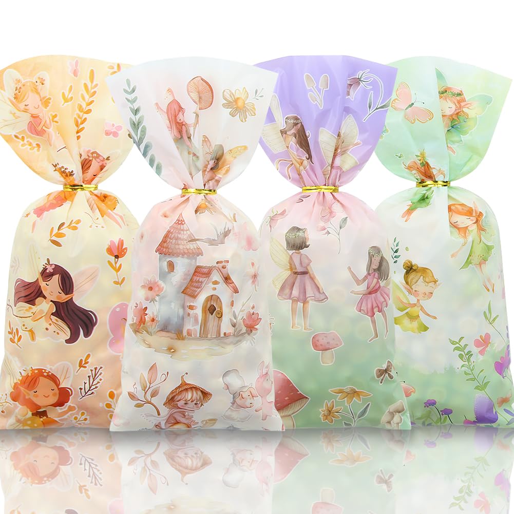 Photo 1 of Geluode Fairy Candy Treat Bags, 50 Pcs Goodie Bags, 4 Style Beautiful Floral and Fairy Motifs Cellophane Gift Wrap with Gold Twist Ties