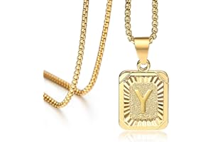 Hermah 26 Gold Plated Square Capital Initial Letter Charm Pendant Necklace for Men Women Box Steel Chain 22inch