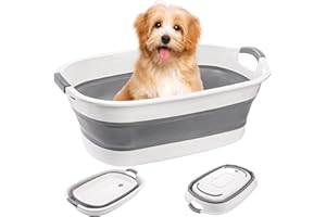 Coloch Collapsible Pet Bathtub with Water Drain Plug, Plastic Dog Bath Tub with Handle Portable Puppy Bathing Tub Space Saving Laundry Basket for Puppy, Small Dog, Cat, BPA Free, Grey