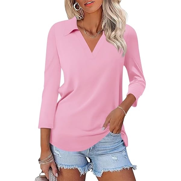 トップス Mamilyn Minetom Women's V Neck 3/4 Sleeve Tops Quarter Zip Collared