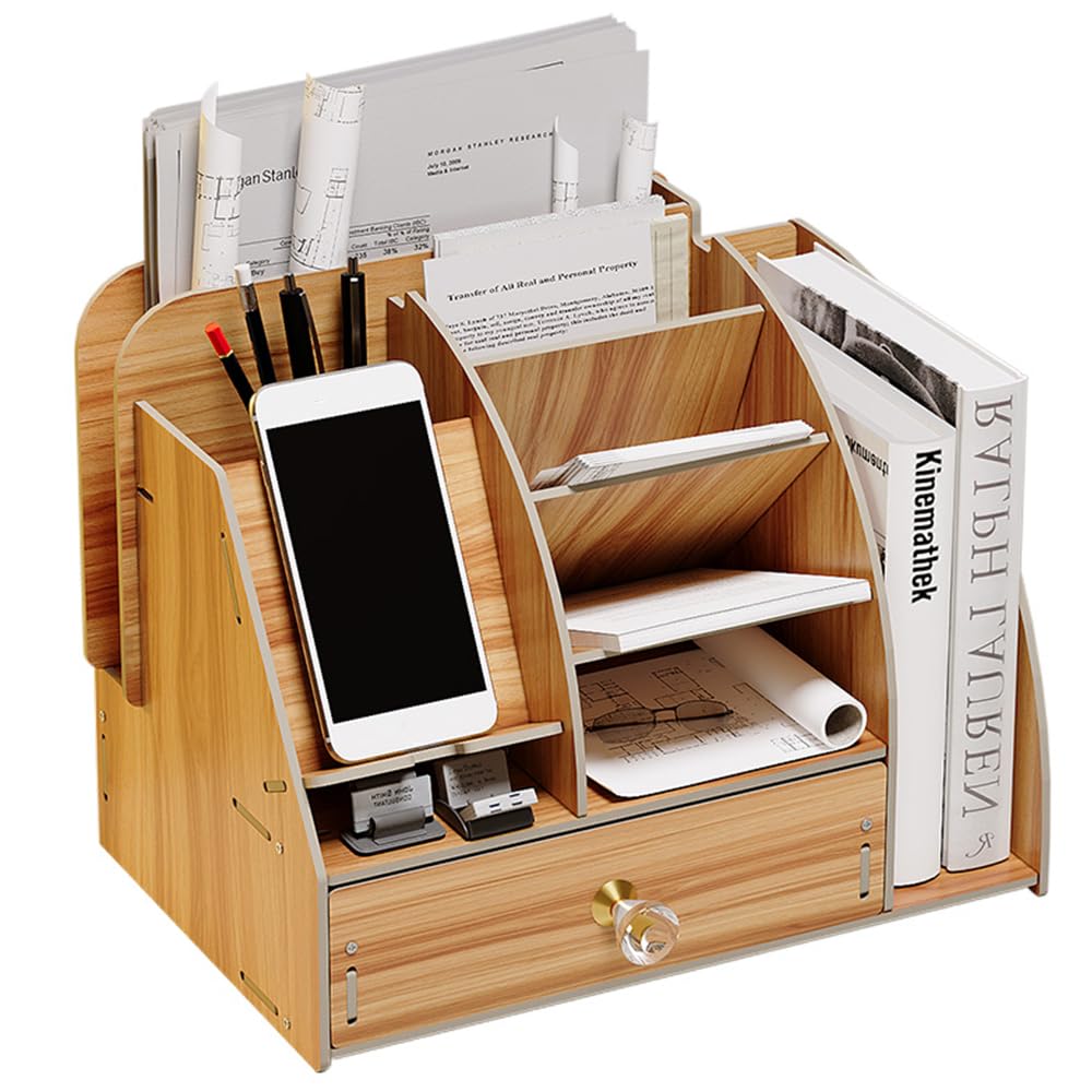 NUODWELL Upgrade Wooden Desk Stationary Organiser with Phone Docking Station, Desktop Storage Organizer Caddy with Drawer and Bookcase Pencil Holder Storage Box Desk Accessories (B20-1 Cherry)