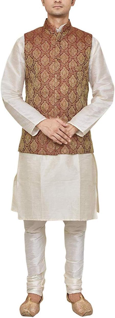 Mens Cream kurta pyjama set for men with jacket