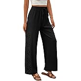 EVALESS Womens Beach Pants Summer Boho Drawstring Elastic Waist Hollow Out Textured Wide Leg Vacation Clothes
