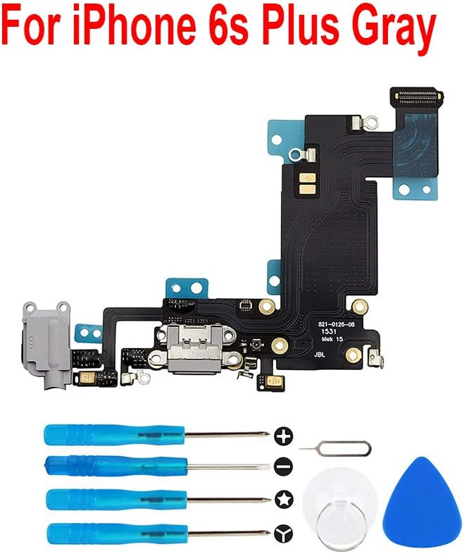 Eoneding Charging Port Replacement Kit USB Charging Charger Port Dock Connector Flex Cable + Microphone + Headphone Audio Jack Replacement Part for iPhone 6s + Plus (Gray for iPhone 6s Plus)
