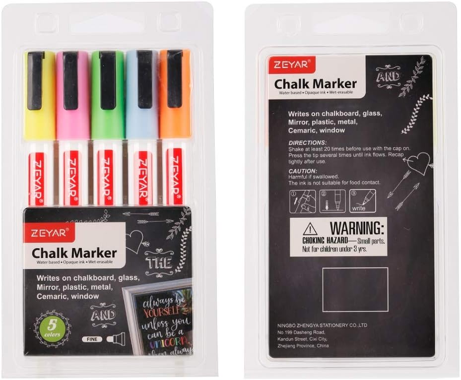 ZEYAR Liquid Chalk Marker-Wet Erase Marker, 3mm Fine Tip for Detailed Drawing, Pack of 5,Great Color Options, Writes on Nonporous Chalkboards, Bistro Boards, Windows and Plastic (Neon Colors)