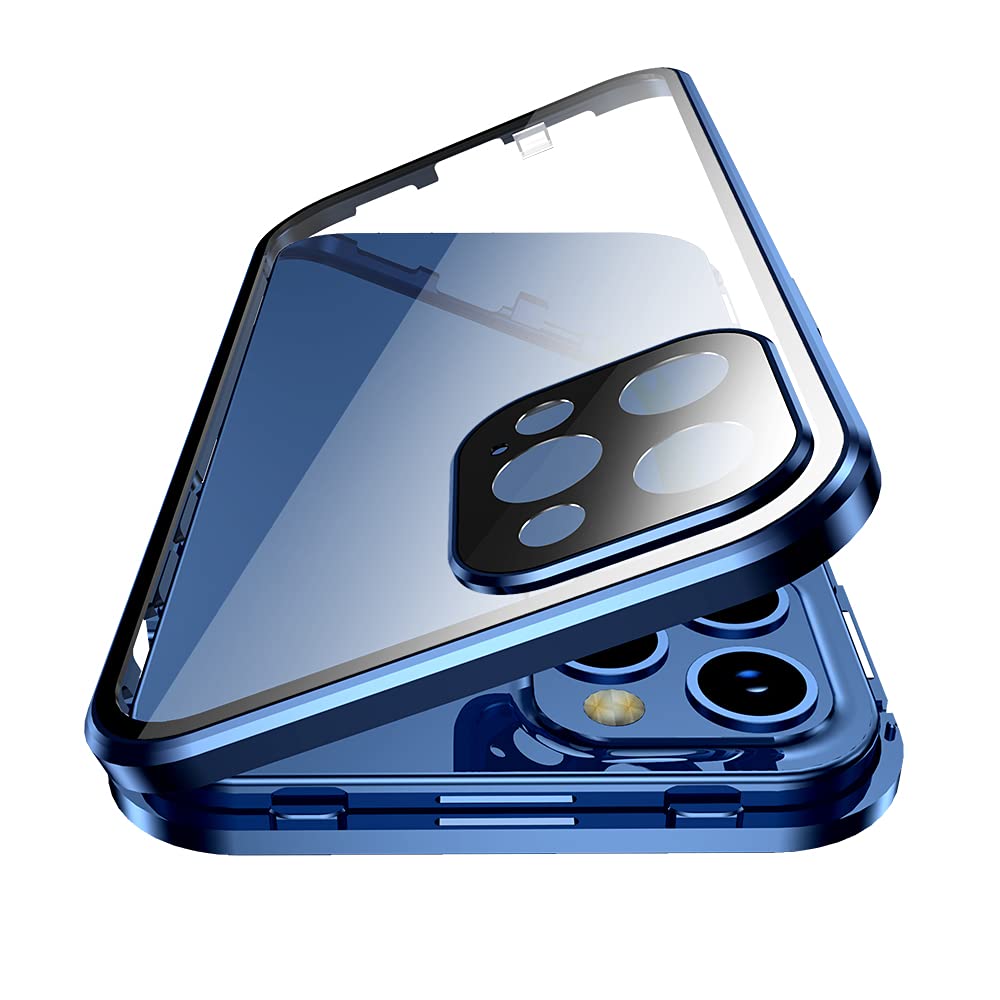 Photo 1 of HENGHUI Lockable Case Compatible with iPhone 15 Pro Max Magnetic Glass Case with Camera Lens Protector Screen Protector Safety Lock 360 Full Body Glass Clear Bumper Cover,Blue