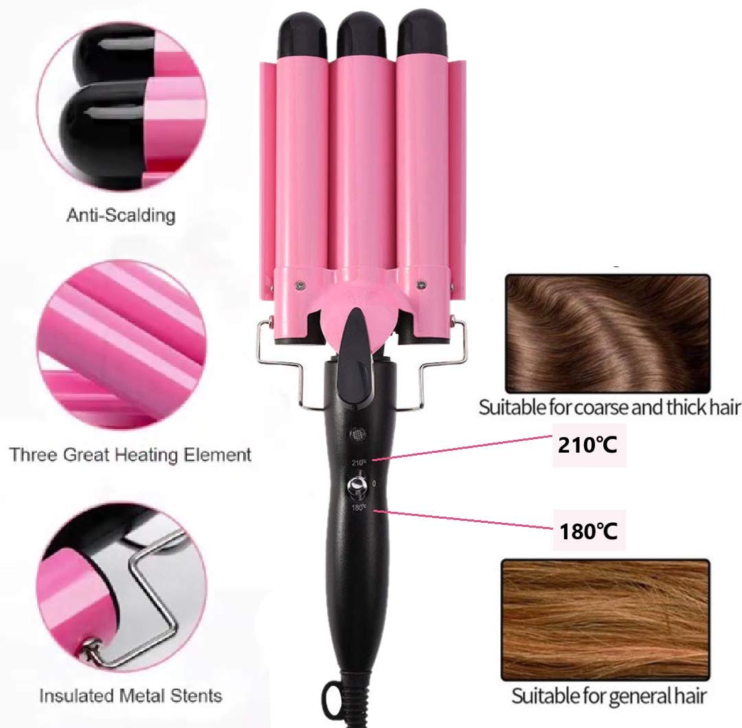 MODVICA 3 Barrel Curling Iron Wand 26mm Hair Waver Temperature Adjustable Ceramic Hair Curling Iron (Pink): Beauty