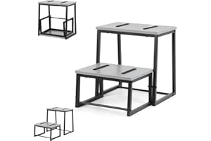 SEHERTIWY Step Stool for Adults, Wooden Bed Step Stools Hold up to 500Lb, Heavy Duty Stepping Stools with Metal Frame, 3 in1 Foot Stool for Kichen/Bathroom/High Beds, Grey