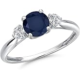 Gem Stone King 10K White Gold Blue Sapphire and Lab Grown Diamond 3-Stone Ring For Women | 1.32 Cttw | Round 6MM and 3MM | Wedding Engagement Anniversary Promise Ring For Women