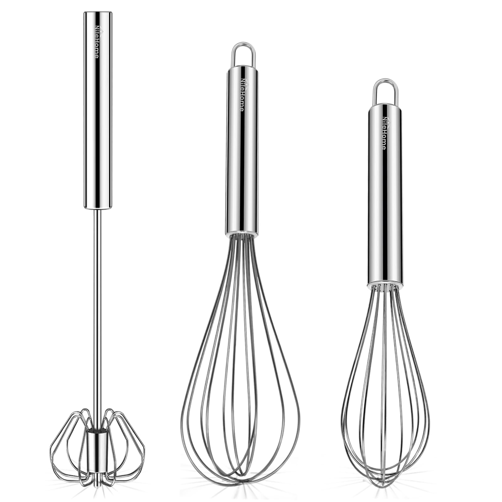 NileHome Stainless Steel Whisk Set 8" 10" Hand Blender + 12" semi-Automatic Rotary Kitchen Whisk Balloon Whisk Kitchen Wisk Wire Whisks for Cooking, Whisking, Blending, Beating, Stirring- 3 Pack...