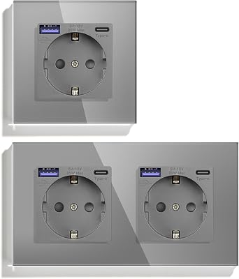 Schuko USB C 20W Pack, 1 x 1 Gang Enchufe + 1 x 2 Gang Enchufe, Toma de Corriente USB Tipo C con Panel de Vidrio, Toma de Corriente Empotrable para Teléfono, Tablet, MP3, Gris