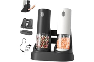 CIRCLE JOY Electric Salt and Pepper Grinder Set Automatic Salt and Pepper Grinder Set with Charging Base and White LED Light, Adjustable Coarseness, USB Rechargeable, Washable Container, White & Black