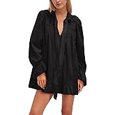 Burtell Long Sleeve Babydoll Dresses Women Fall V Neck Lace Trim Mini Dress Flowy Puff Sleeve Tie Front A-Line Tunic Dress