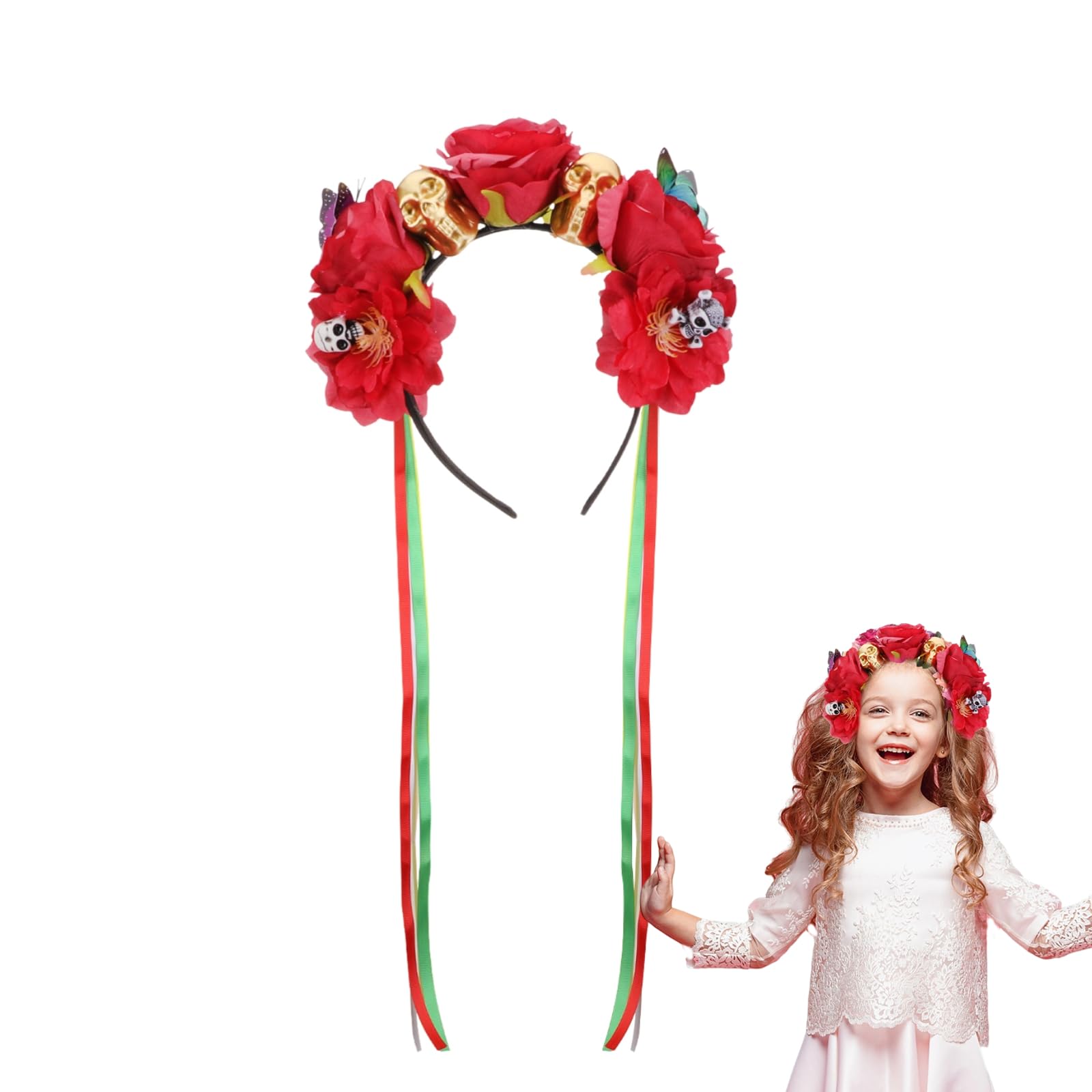 Minkissy Halloween Flower Headband Mexican Rose Flower Crown Skull Headpiece dia de los muertos Flower Crown (Red)