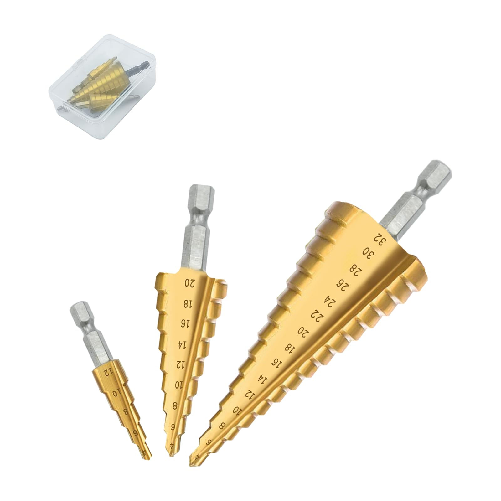 Surplex 3 pcs HSS Step Cone Drill Bits, Titanium Coated, 4-12/4-20/4-32 mm All-in-One High Speed Steel Step Drill Bits Set for Wood, Sheet Metal, PVC and Thin Metals
