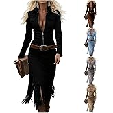 Women's Western Cowgirl Suede Dress Vintage Long Sleeve Slim Fit Midi Dress V Neck Zip up Irregular Tassels Dresses