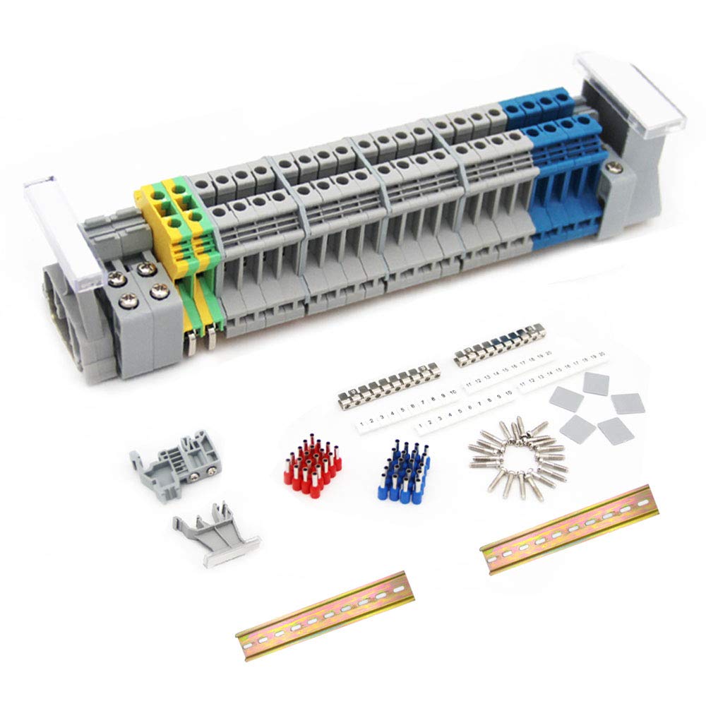 JINXM DIN Rail Terminal Blocks Kit UK 2.5 Din Rail Connectors Universal Class Terminal Blocks Crimp Connectors Ground Blocks End Covers Fixed Bridge End Brackets Aluminum Rail