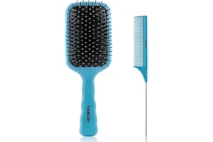 FIXBODY Paddle Hair Brush Tail Comb set for Women Men and Kids Make Thin Long Curly Hair Health and Massa (Blue)