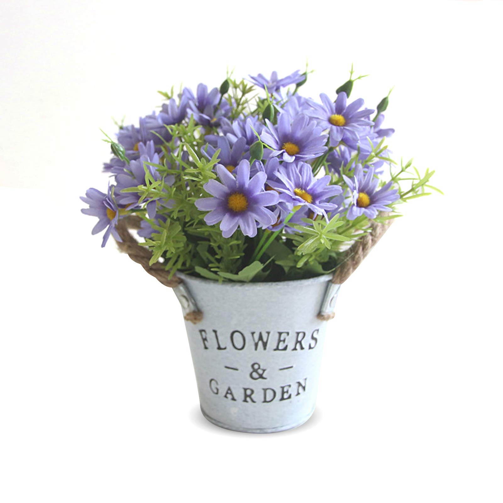 Hwtcjx Artificial Flowers with Vase, Artificial Flowers in Pots, Fake Plants With Metal Pot, Plastic Flower, with Vintage Metal Bucket, Beautiful Decoration, for Wedding, Office, Home (Purple)