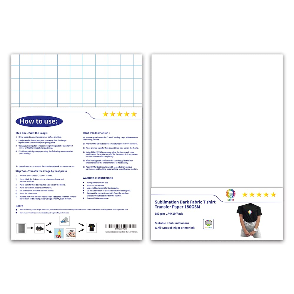 MR.R Sublimation Ink Dark Color T-Shirt Heat Transfer Press Vinyl Paper 180gsm A4x10 Sheets for All Dark Fabric Material Compatible with All Inks