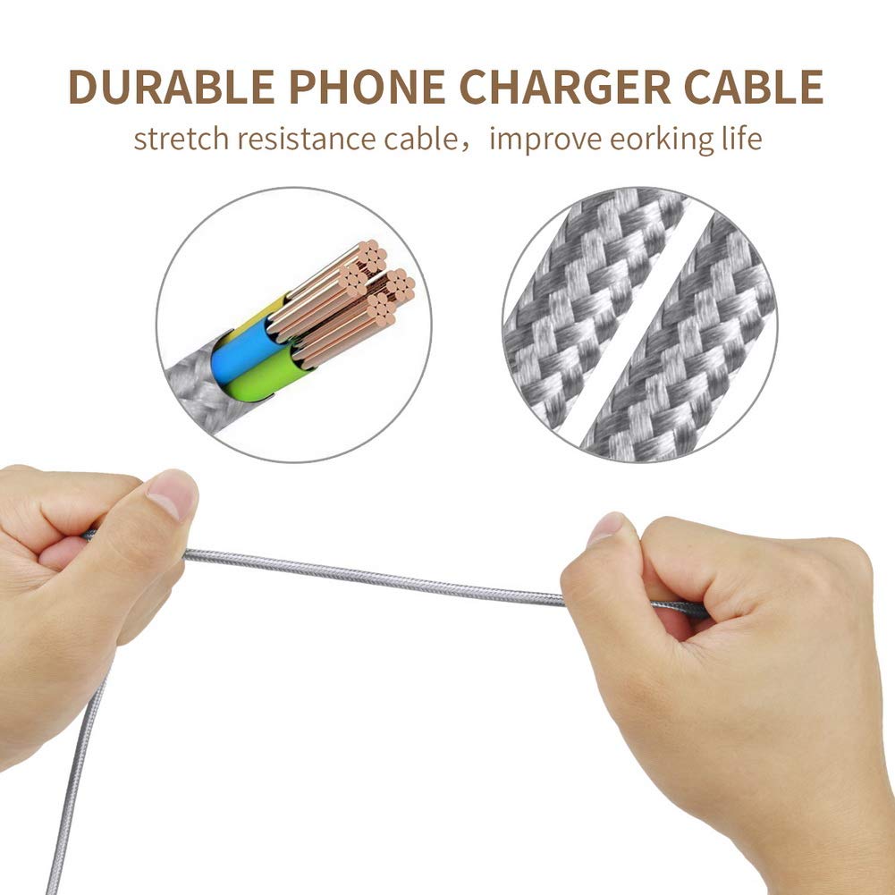 Niusute Phone Cable 3 Pack 6 ft Extra Long Nylon Braided Charging Charger Cord USB Cable,Grey