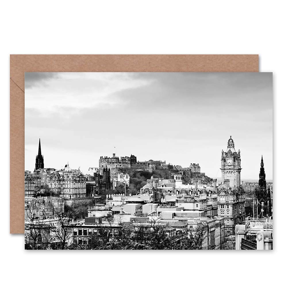 Wee Blue Coo EDINBURGH CASTLE B&W CITY VIEW BLANK GREETINGS BIRTHDAY CARD ART