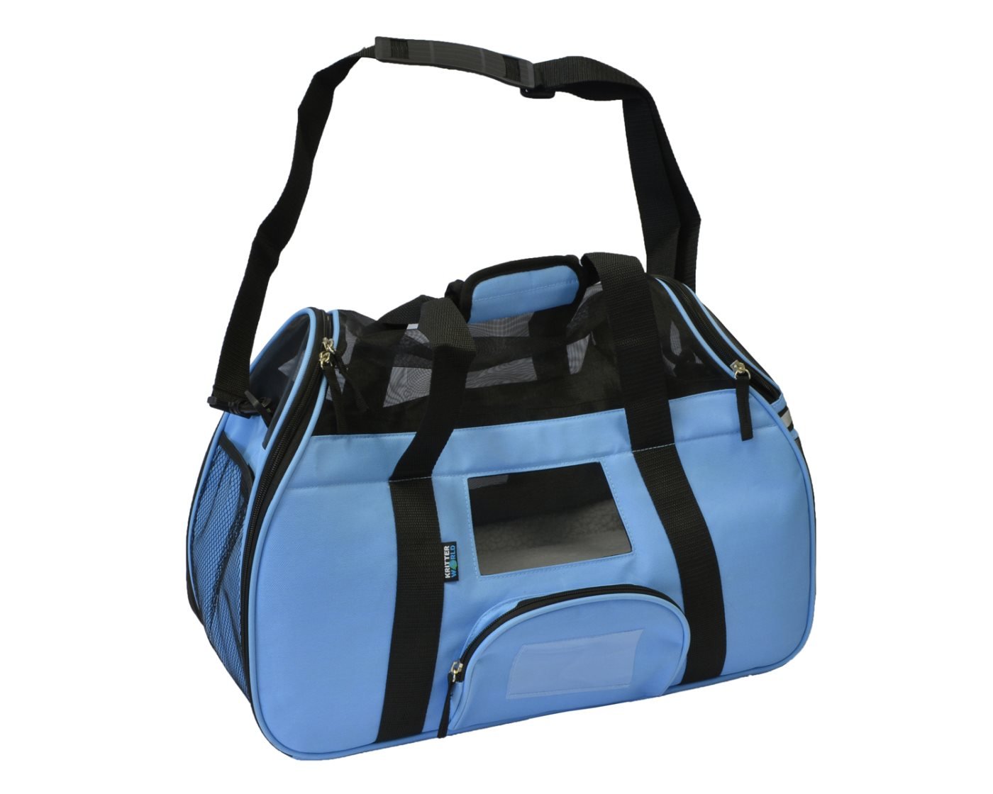 KritterWorld Soft Sided Pet Travel Carrier for Small Dogs and Cats Puppy Small Animals Airline Approved | Removable Sherpa Lining Bed, Built-in Collar Buckle, Lost & Found Tag Included by Blue
