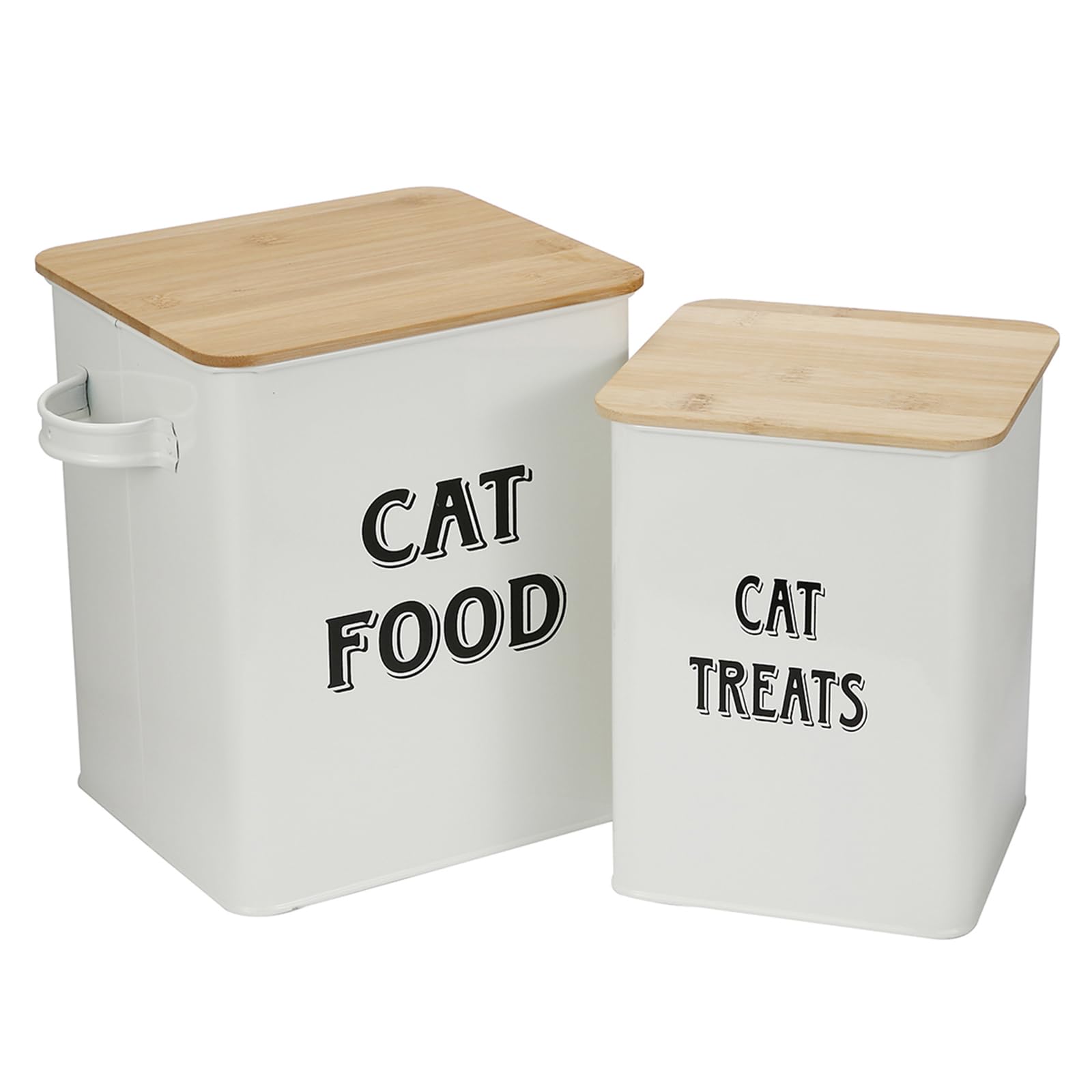 Pet Food and Treats Containers Set with Scoop for Cats or Dogs - Beige Powder-Coated Carbon Steel - Tight Fitting Wood Lids - Storage Canister Tins - Cat Food