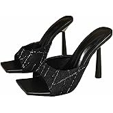 DONRRNDK Women's Wide Strap Shiny Rhinestones Stiletto Mules Sandals Sexy Square Open Toe Slip on Slip-Resistant High Heels Slides Sandals for Dress Wedding Party